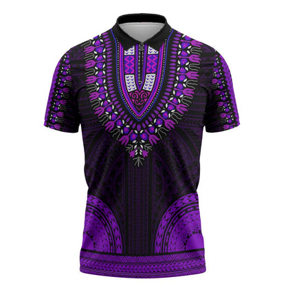 African Dashiki and Polynesian Pattern Zipper Polo Shirt Purple