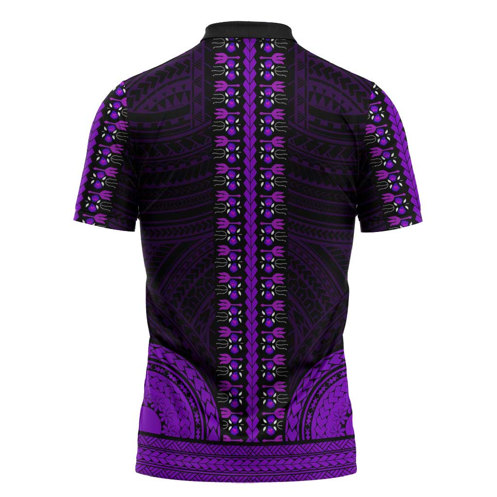 African Dashiki and Polynesian Pattern Zipper Polo Shirt Purple