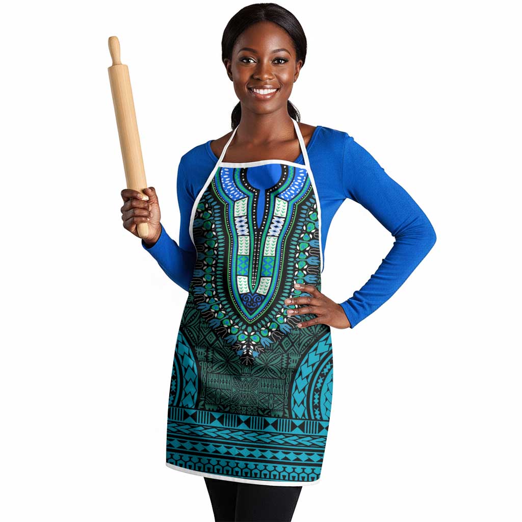 Teal Dashiki and Tapa Pattern Apron Africa-Polynesia Together Culture