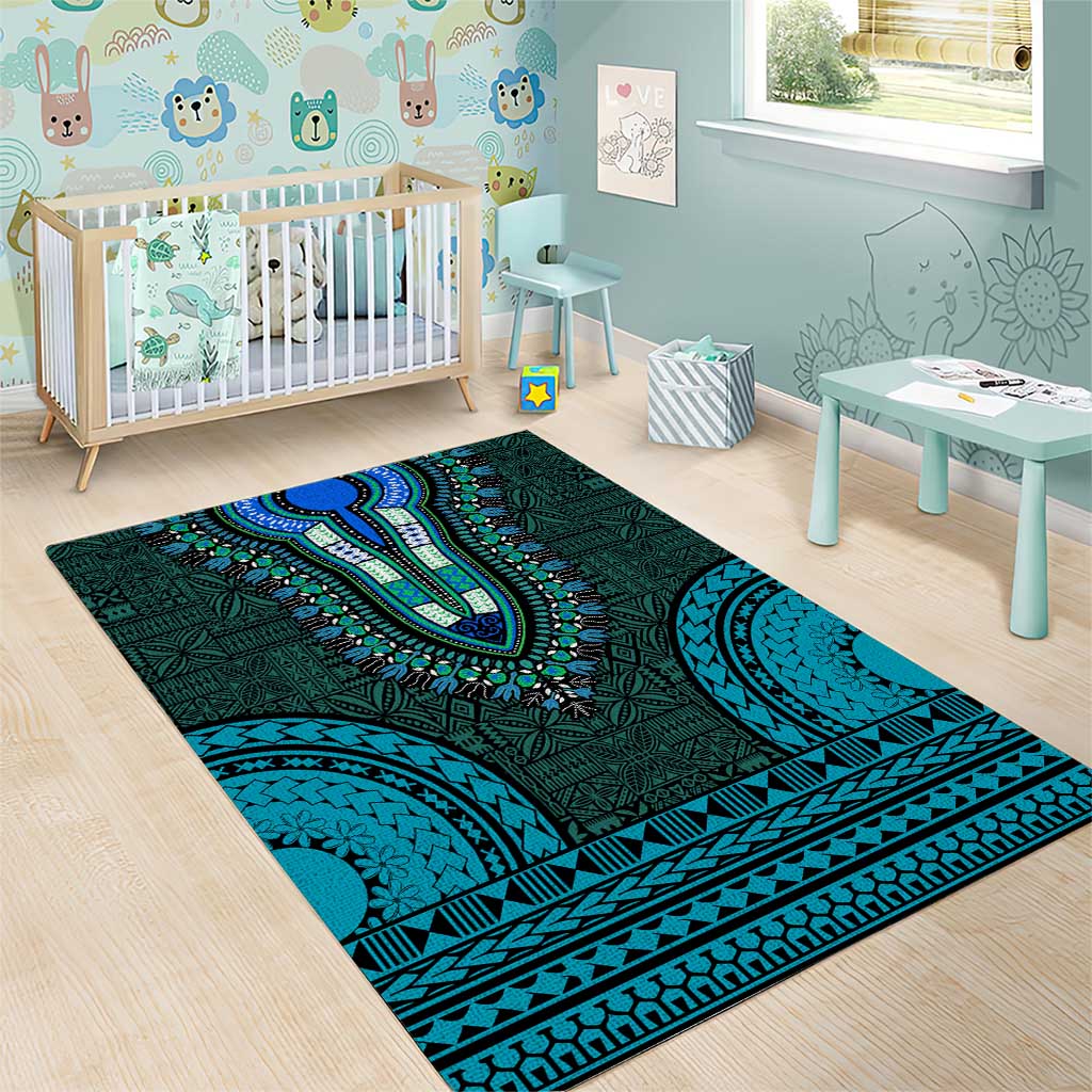 Teal Dashiki and Tapa Pattern Area Rug Africa-Polynesia Together Culture