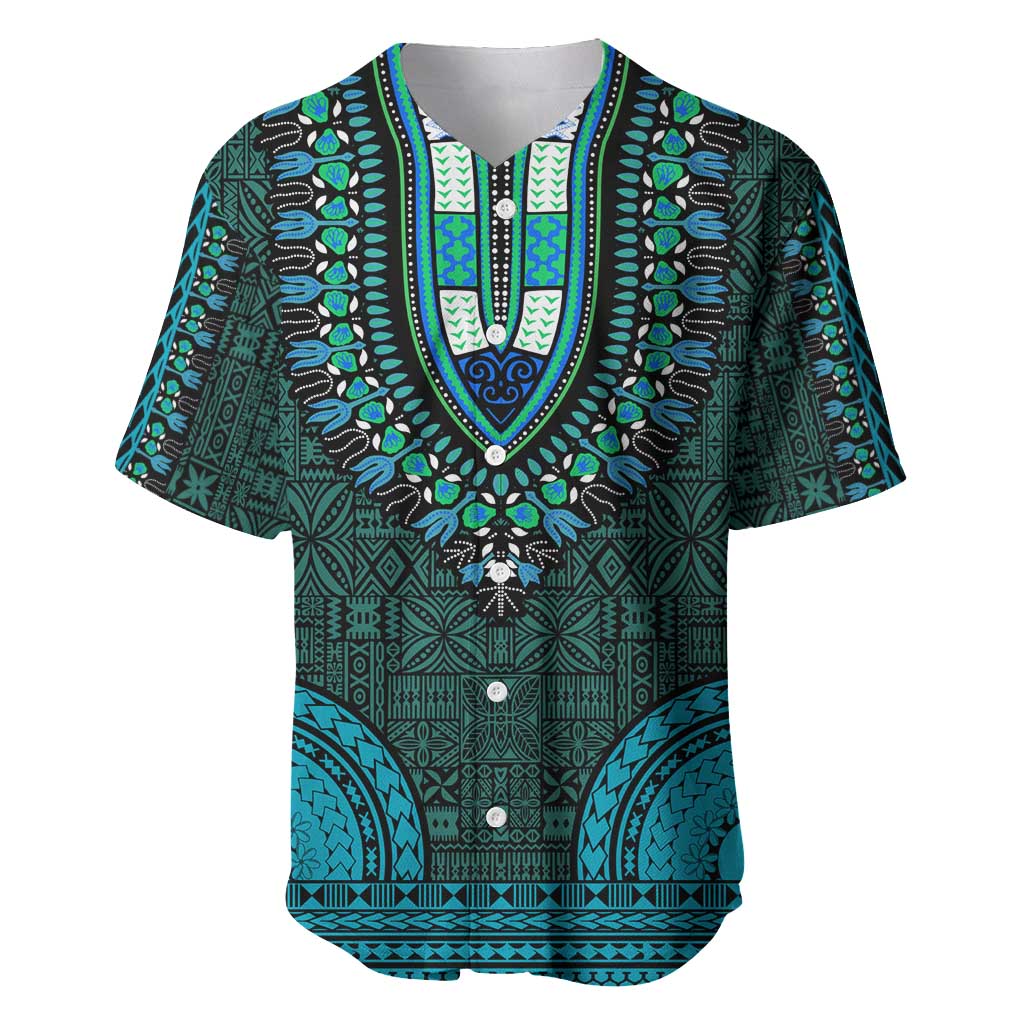 Teal Dashiki and Tapa Pattern Baseball Jersey Africa-Polynesia Together Culture