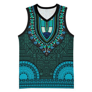Teal Dashiki and Tapa Pattern Basketball Jersey Africa-Polynesia Together Culture - African Pride