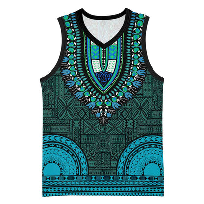 Teal Dashiki and Tapa Pattern Basketball Jersey Africa-Polynesia Together Culture - African Pride