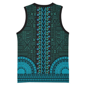 Teal Dashiki and Tapa Pattern Basketball Jersey Africa-Polynesia Together Culture - African Pride