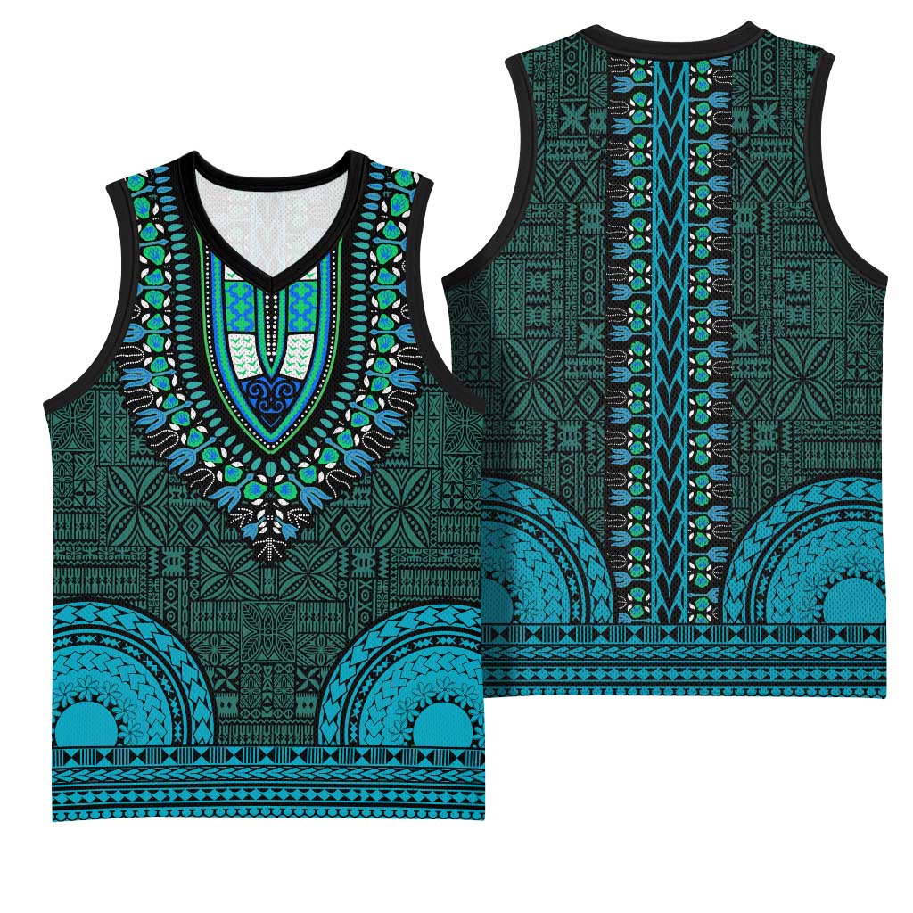 Teal Dashiki and Tapa Pattern Basketball Jersey Africa-Polynesia Together Culture - African Pride