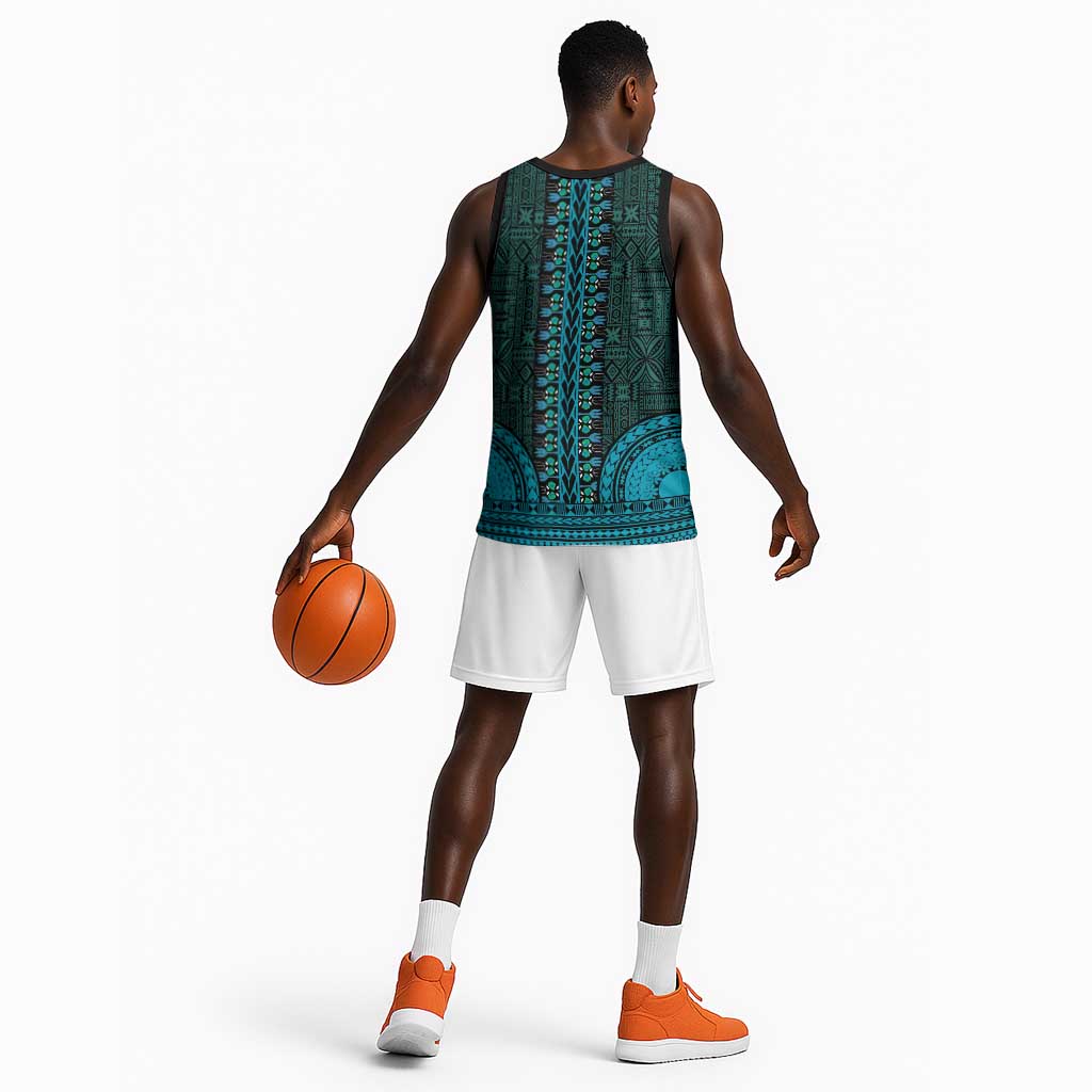 Teal Dashiki and Tapa Pattern Basketball Jersey Africa-Polynesia Together Culture - African Pride