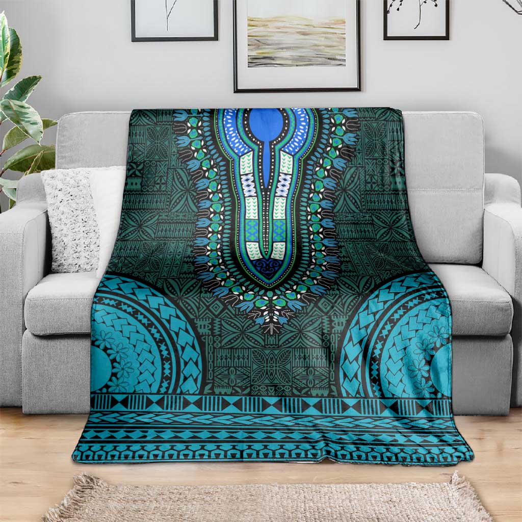 Teal Dashiki and Tapa Pattern Blanket Africa-Polynesia Together Culture