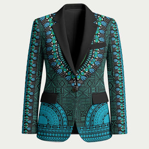 Teal Dashiki and Tapa Pattern Blazer Africa-Polynesia Together Culture
