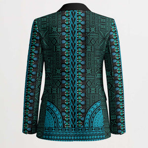 Teal Dashiki and Tapa Pattern Blazer Africa-Polynesia Together Culture