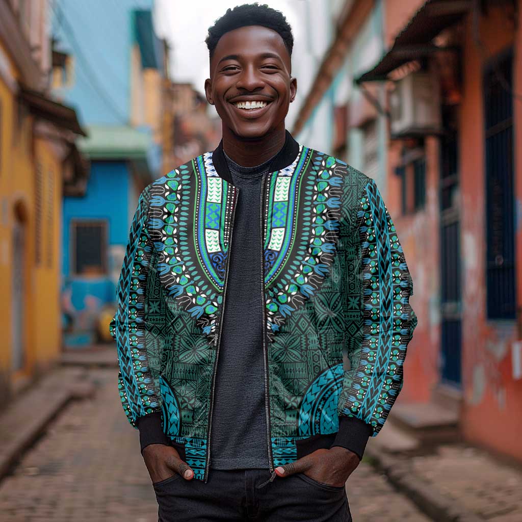 Teal Dashiki and Tapa Pattern Bomber Jacket Africa-Polynesia Together Culture