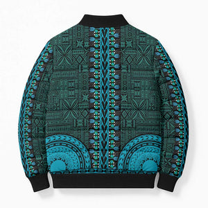 Teal Dashiki and Tapa Pattern Bomber Puffer Jacket Africa-Polynesia Together Culture