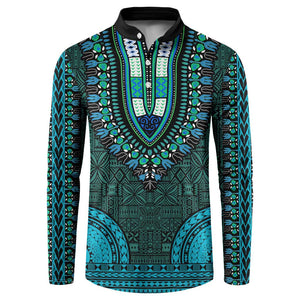 Teal Dashiki and Tapa Pattern Button Sweatshirt Africa-Polynesia Together Culture