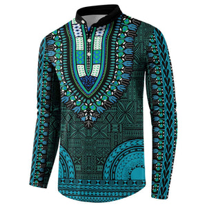 Teal Dashiki and Tapa Pattern Button Sweatshirt Africa-Polynesia Together Culture