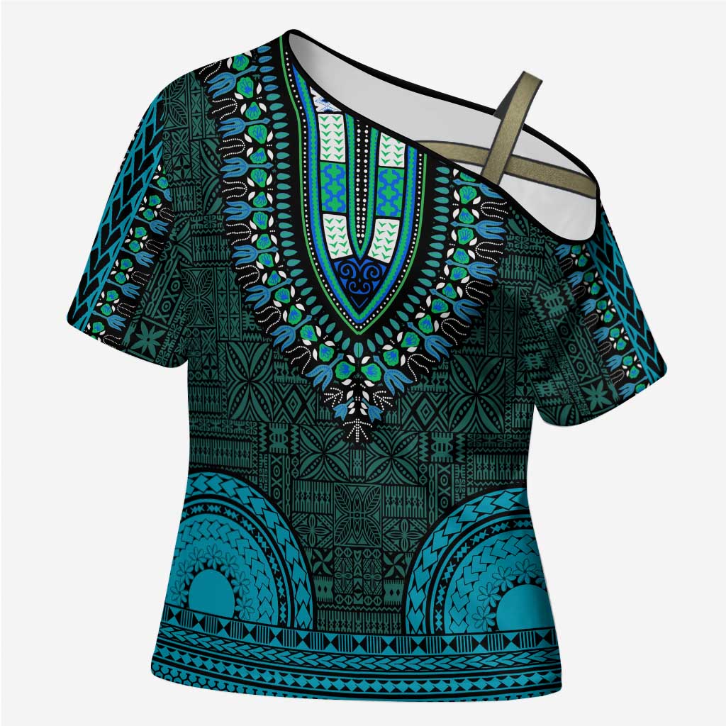 Teal Dashiki and Tapa Pattern Cross Shoulder Shirt Africa-Polynesia Together Culture