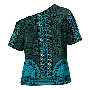 Teal Dashiki and Tapa Pattern Cross Shoulder Shirt Africa-Polynesia Together Culture