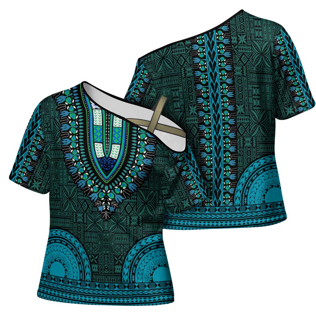 Teal Dashiki and Tapa Pattern Cross Shoulder Shirt Africa-Polynesia Together Culture