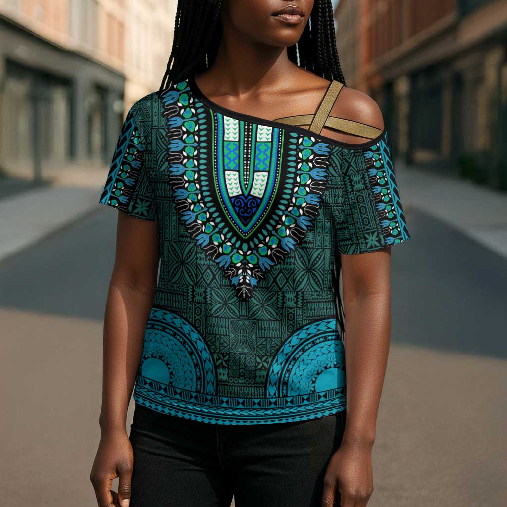 Teal Dashiki and Tapa Pattern Cross Shoulder Shirt Africa-Polynesia Together Culture