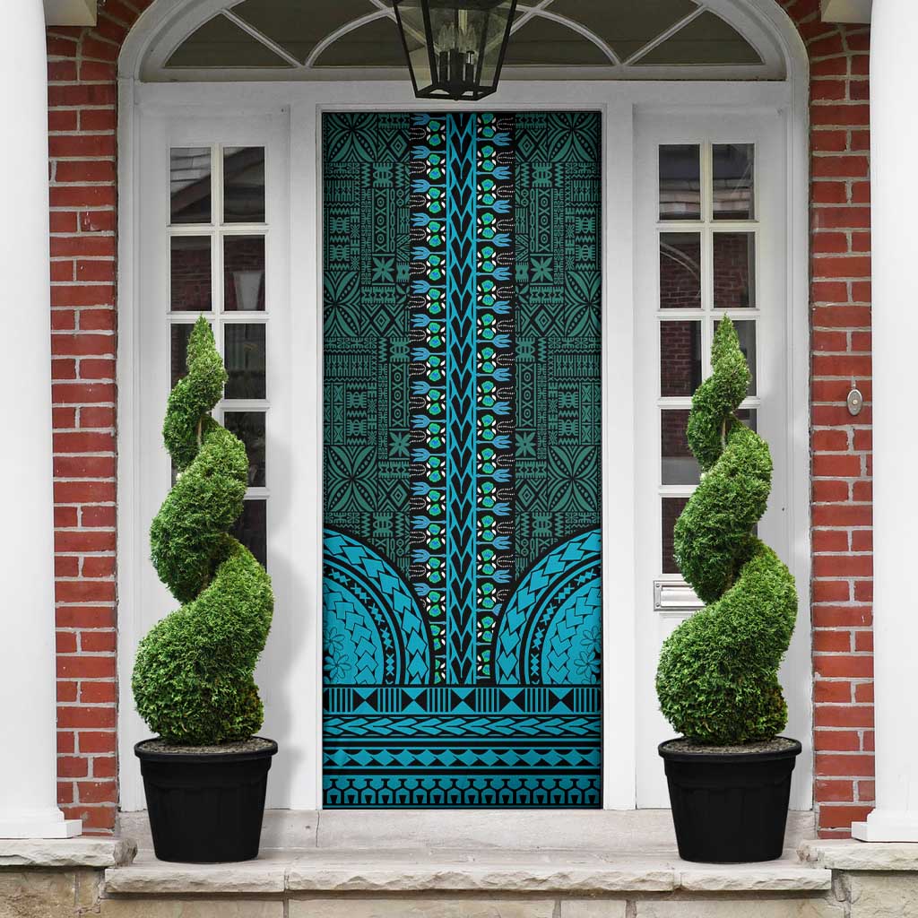 Teal Dashiki and Tapa Pattern Door Cover Africa-Polynesia Together Culture