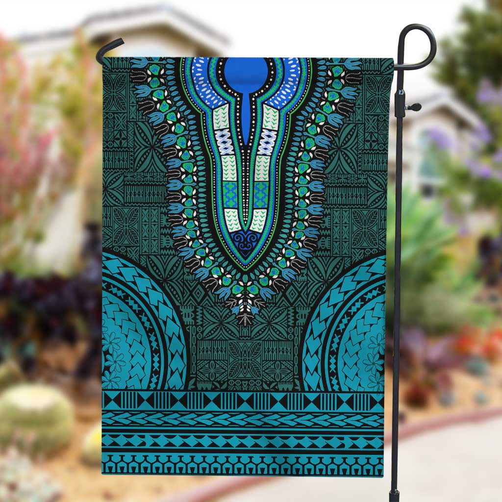 Teal Dashiki and Tapa Pattern Garden Flag Africa-Polynesia Together Culture