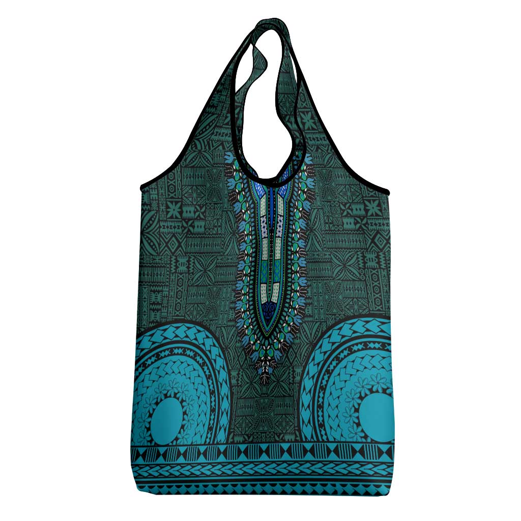Teal Dashiki and Tapa Pattern Grocery Bag Africa-Polynesia Together Culture