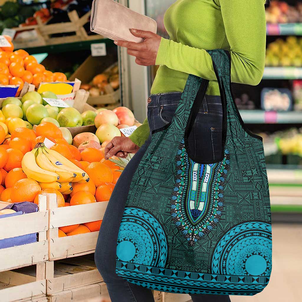 Teal Dashiki and Tapa Pattern Grocery Bag Africa-Polynesia Together Culture