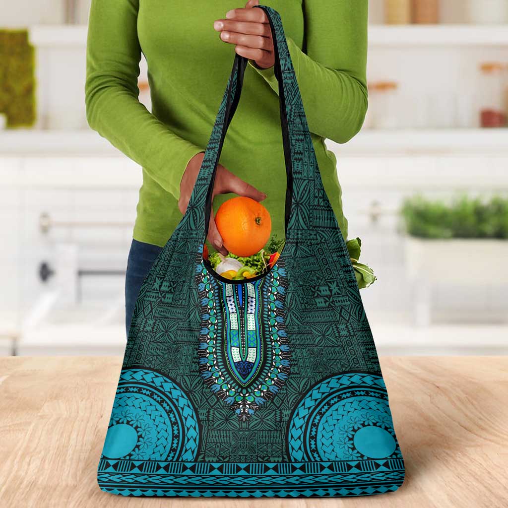 Teal Dashiki and Tapa Pattern Grocery Bag Africa-Polynesia Together Culture