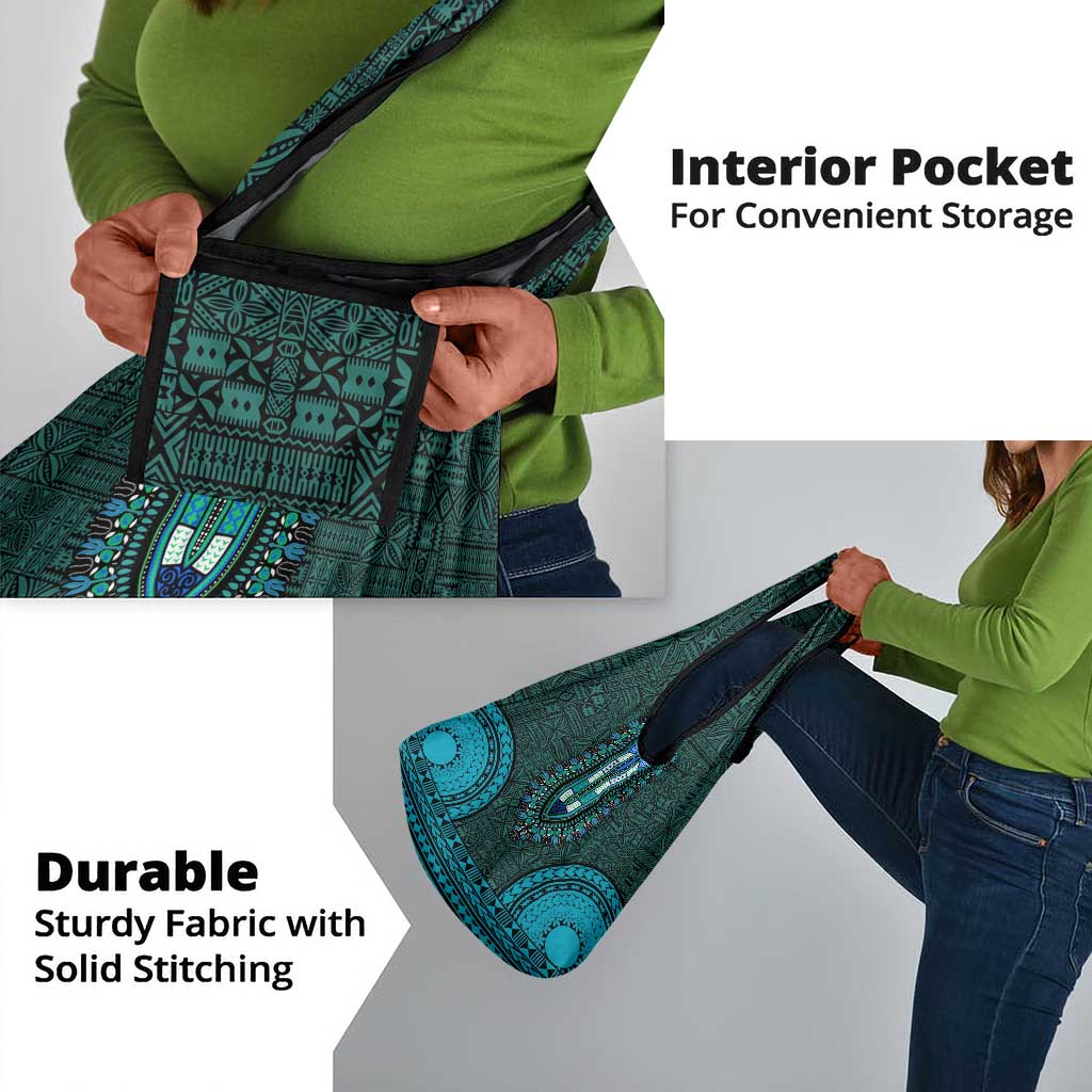 Teal Dashiki and Tapa Pattern Grocery Bag Africa-Polynesia Together Culture