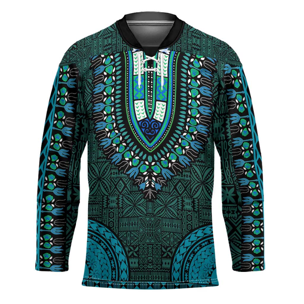 Teal Dashiki and Tapa Pattern Hockey Jersey Africa-Polynesia Together Culture