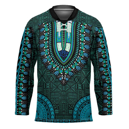 Teal Dashiki and Tapa Pattern Hockey Jersey Africa-Polynesia Together Culture