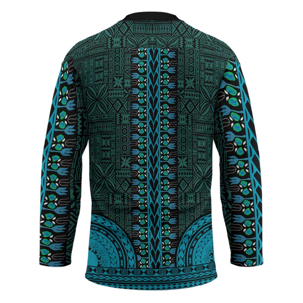 Teal Dashiki and Tapa Pattern Hockey Jersey Africa-Polynesia Together Culture