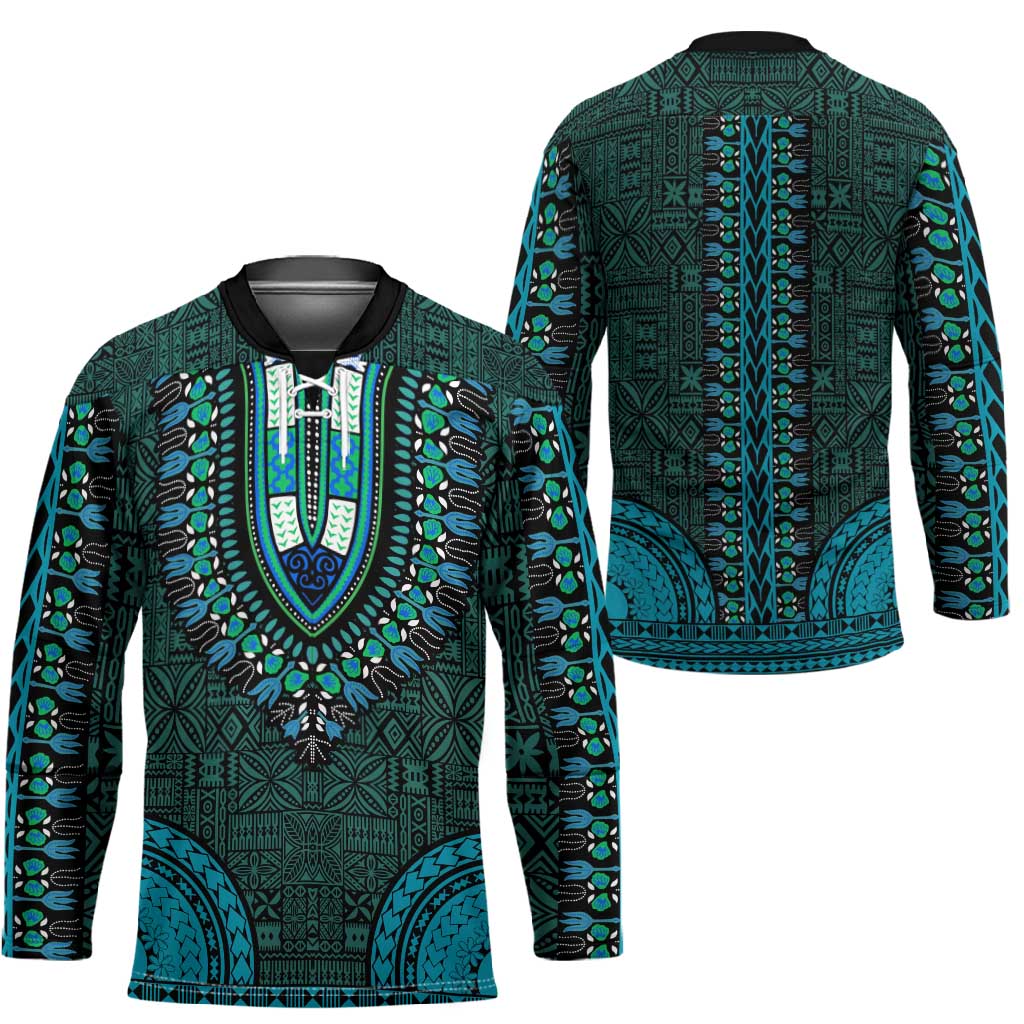Teal Dashiki and Tapa Pattern Hockey Jersey Africa-Polynesia Together Culture