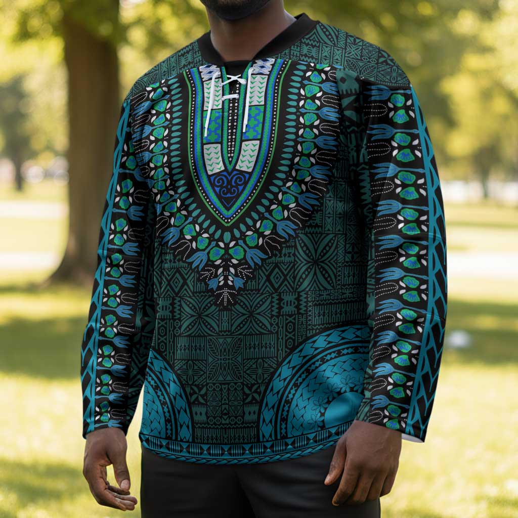 Teal Dashiki and Tapa Pattern Hockey Jersey Africa-Polynesia Together Culture