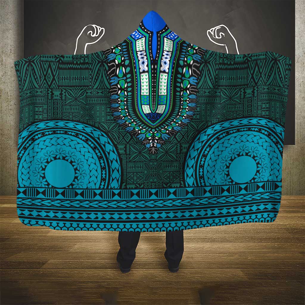 Teal Dashiki and Tapa Pattern Hooded Blanket Africa-Polynesia Together Culture