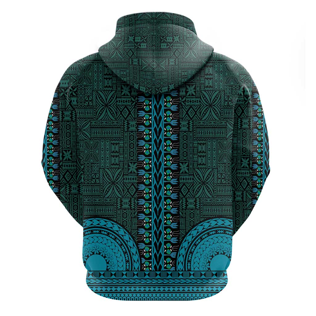 Teal Dashiki and Tapa Pattern Hoodie Africa-Polynesia Together Culture