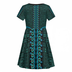 Teal Dashiki and Tapa Pattern Kid Short Sleeve Dress Africa-Polynesia Together Culture