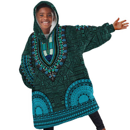 Teal Dashiki and Tapa Pattern Kid Wearable Blanket Hoodie Africa-Polynesia Together Culture