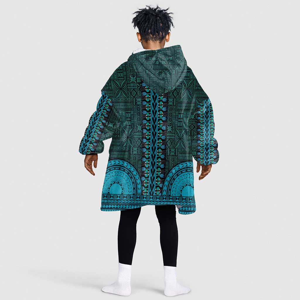 Teal Dashiki and Tapa Pattern Kid Wearable Blanket Hoodie Africa-Polynesia Together Culture