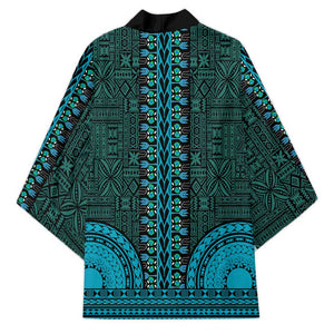 Teal Dashiki and Tapa Pattern Kimono Africa-Polynesia Together Culture