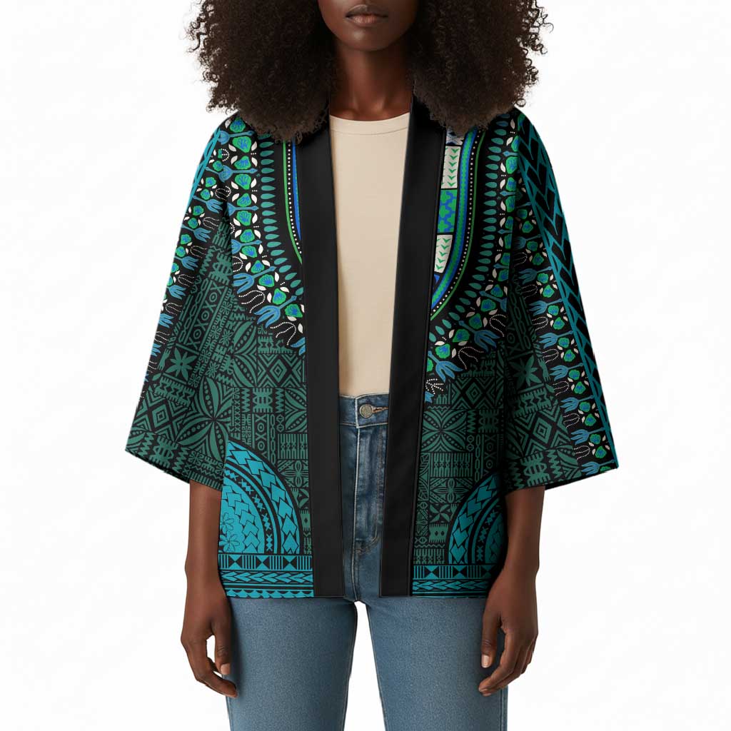 Teal Dashiki and Tapa Pattern Kimono Africa-Polynesia Together Culture