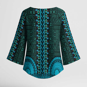 Teal Dashiki and Tapa Pattern Kimono Sleeve Blouse Africa-Polynesia Together Culture
