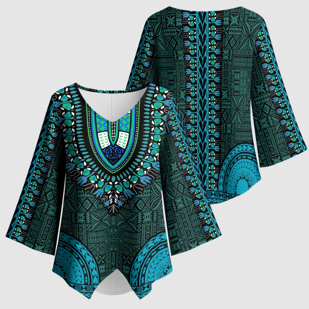 Teal Dashiki and Tapa Pattern Kimono Sleeve Blouse Africa-Polynesia Together Culture
