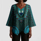 Teal Dashiki and Tapa Pattern Kimono Sleeve Blouse Africa-Polynesia Together Culture