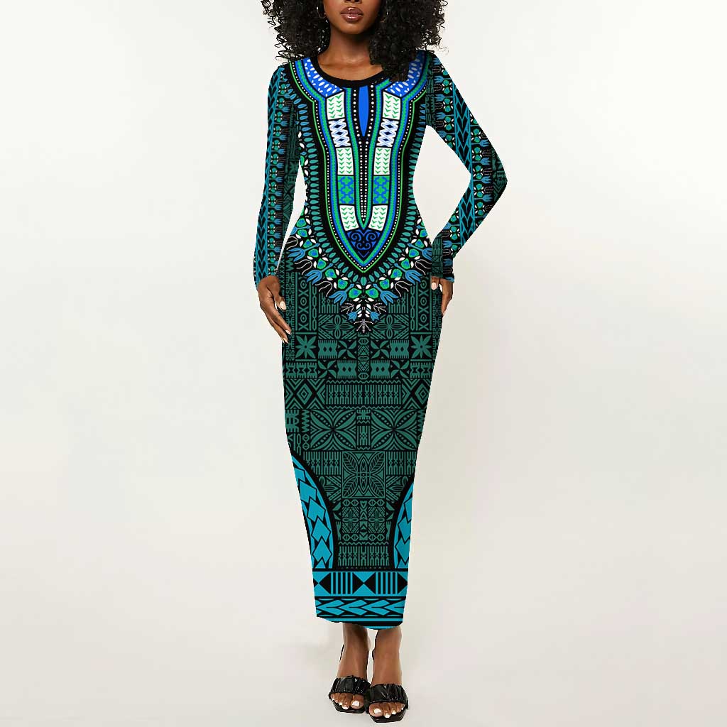 Teal Dashiki and Tapa Pattern Long Sleeve Bodycon Dress Africa-Polynesia Together Culture LT9