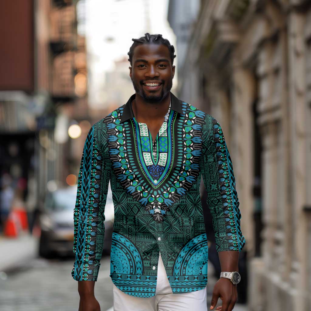 Teal Dashiki and Tapa Pattern Long Sleeve Button Shirt Africa-Polynesia Together Culture