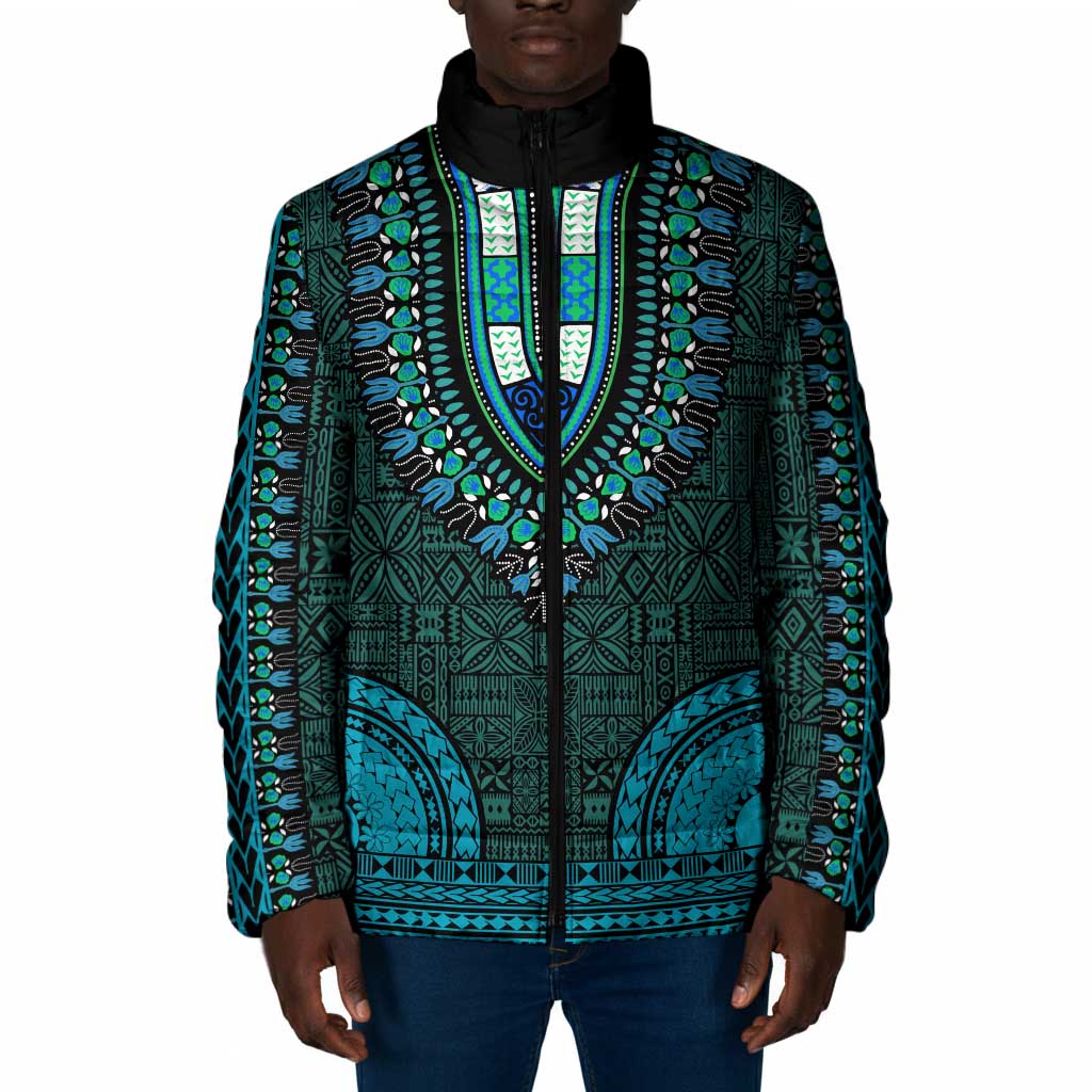 Teal Dashiki and Tapa Pattern Padded Jacket Africa-Polynesia Together Culture