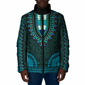 Teal Dashiki and Tapa Pattern Padded Jacket Africa-Polynesia Together Culture