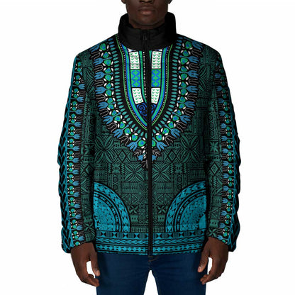 Teal Dashiki and Tapa Pattern Padded Jacket Africa-Polynesia Together Culture