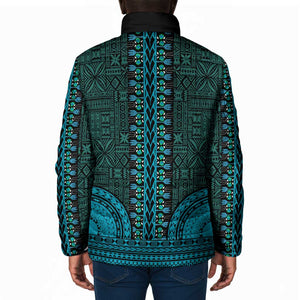 Teal Dashiki and Tapa Pattern Padded Jacket Africa-Polynesia Together Culture