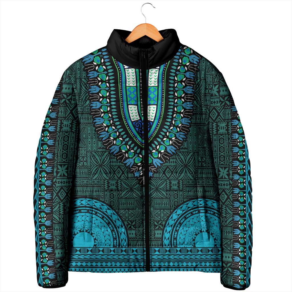 Teal Dashiki and Tapa Pattern Padded Jacket Africa-Polynesia Together Culture