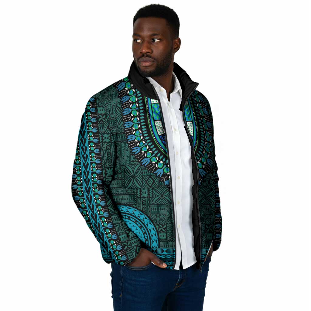 Teal Dashiki and Tapa Pattern Padded Jacket Africa-Polynesia Together Culture